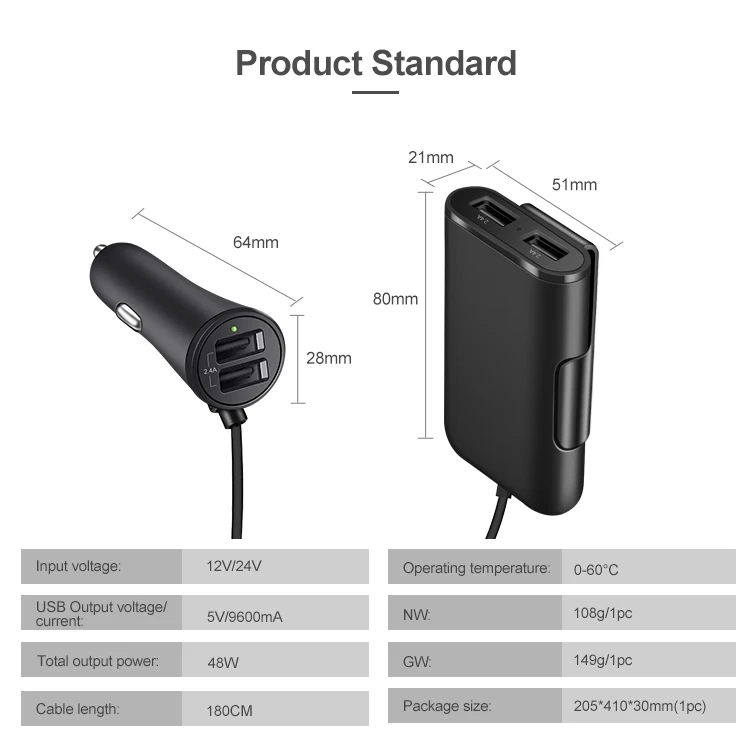 
Mobile phone 48W 7.3A 4 port usb car charger with cable for back 