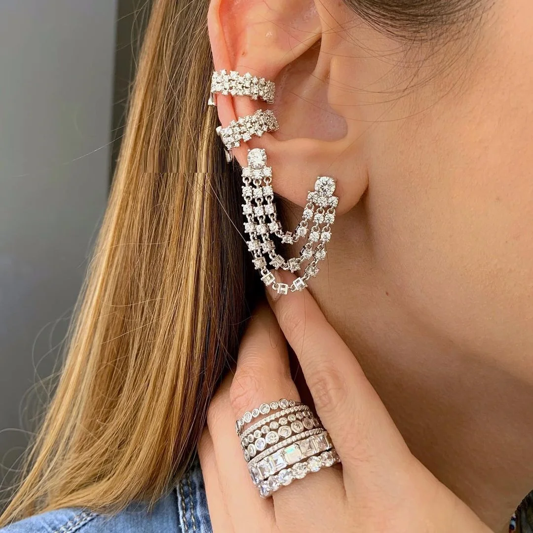 

Trendy cz tassel double piercing earring 5A cubic zirconia cz link chain sparking bling multi drop chain earrings for women, Picture