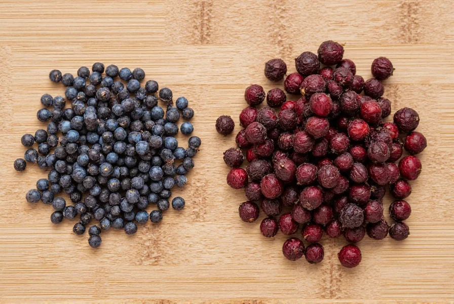 Comparison of fresh blue-tinged Sichuan peppercorns versus dried mature berries showing color difference