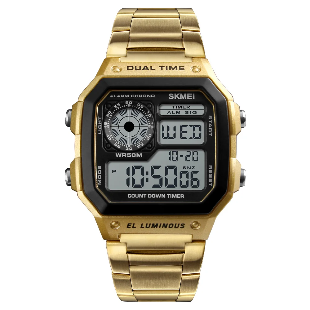 

Skmei 1335 Wholesale stainless steel men multifunction digital watch 5atm Waterproof gold Popular wristwatches led