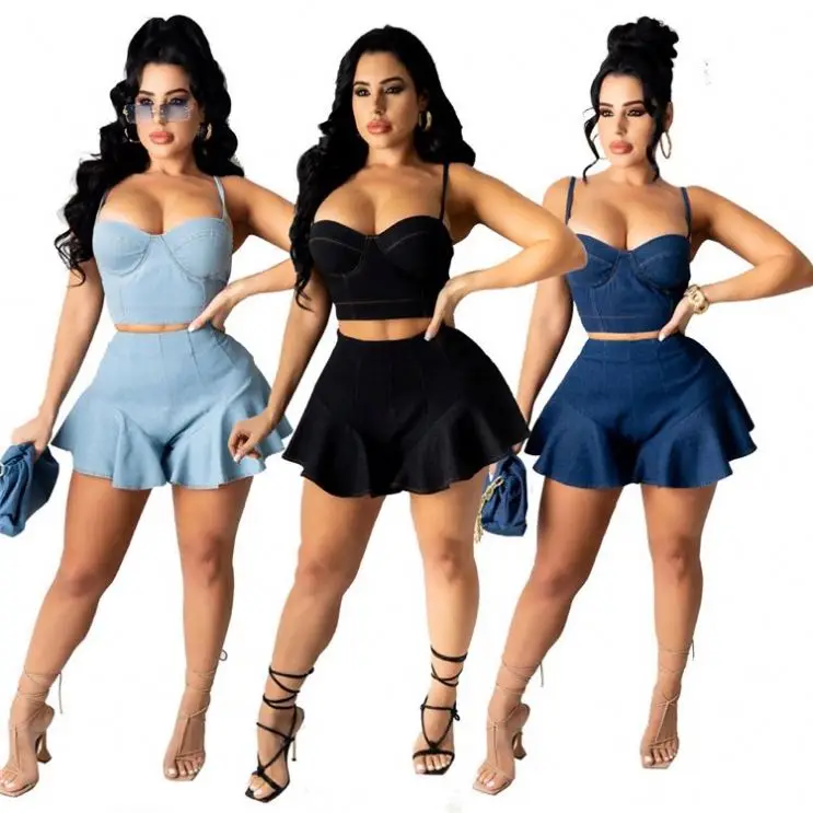 

PEARL Newest Design Sexy Sleeveless Supsender Tank Top Jean Set Skirt Sets Women 2 Piece Outfits