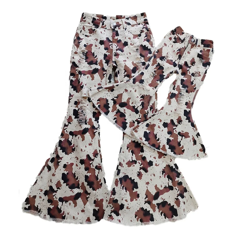 

Free shipping boutique wholesale Kids animal print pants girls cow print jeans cow print flared bell bottoms