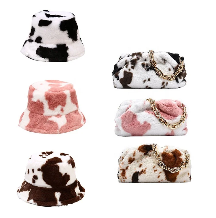 

Fashionable Customized cow print clutch cloud shape plush Women Crossbody handbag set fur purse and hat, Customizable