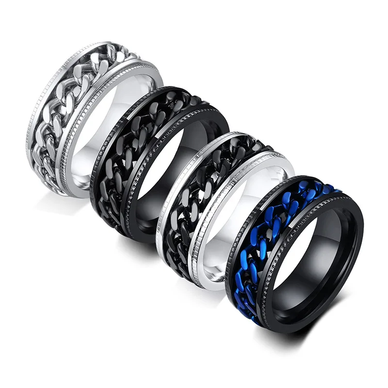 

Laodun 2021 New Design Meditation Ring for Men Spinner Worry Curb Anxiety Stainless Steel Rings, Rhodium, gold, blue