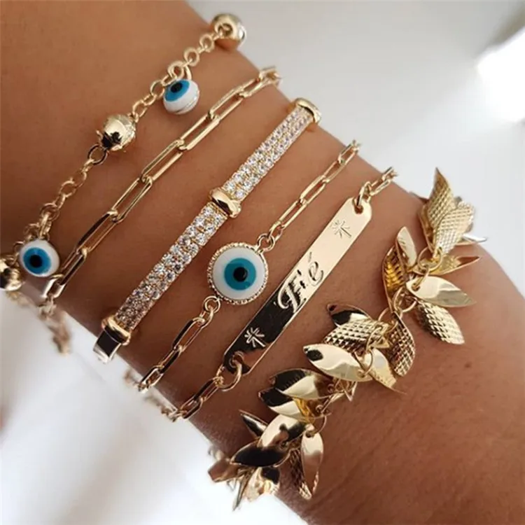 

Blue Eyes Leaf Chain Personality Exaggerated Bracelet 6-Piece Multi-Layer Bracelet Women, Gold