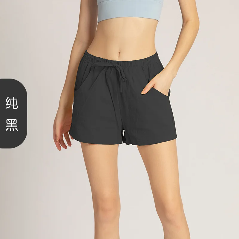 

Polyester cotton fitness shorts 3D pocket design loose rope quick-drying sports pants three-point shorts yoga hot pants, As picture