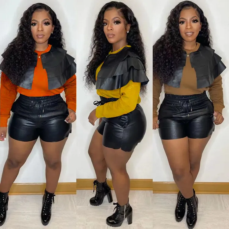 

Vendors Winter Sets Women Casual Clothing Long Sleeve Ruffles Patchwork Tshirt Shorts Set Leather Plus Size Matching Outfits