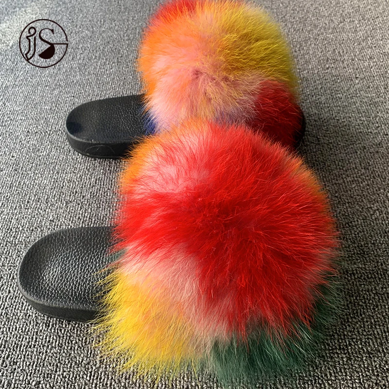 

EVA sole wholesale price colorful fur slippers flush soft ladies sandals outdoor ladies shoes Real raccoon fur women slides, Picture