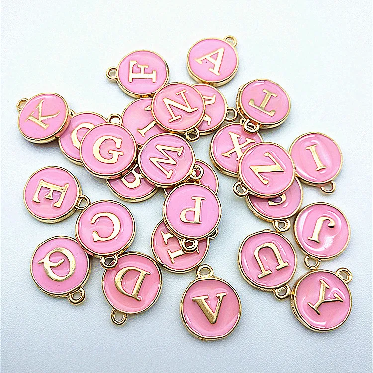 

wholesale double side letter beads initial pendants round alloy alphabet charms for jewelry making accessories diy, Black, white, pink, light green, red, light blue, orange