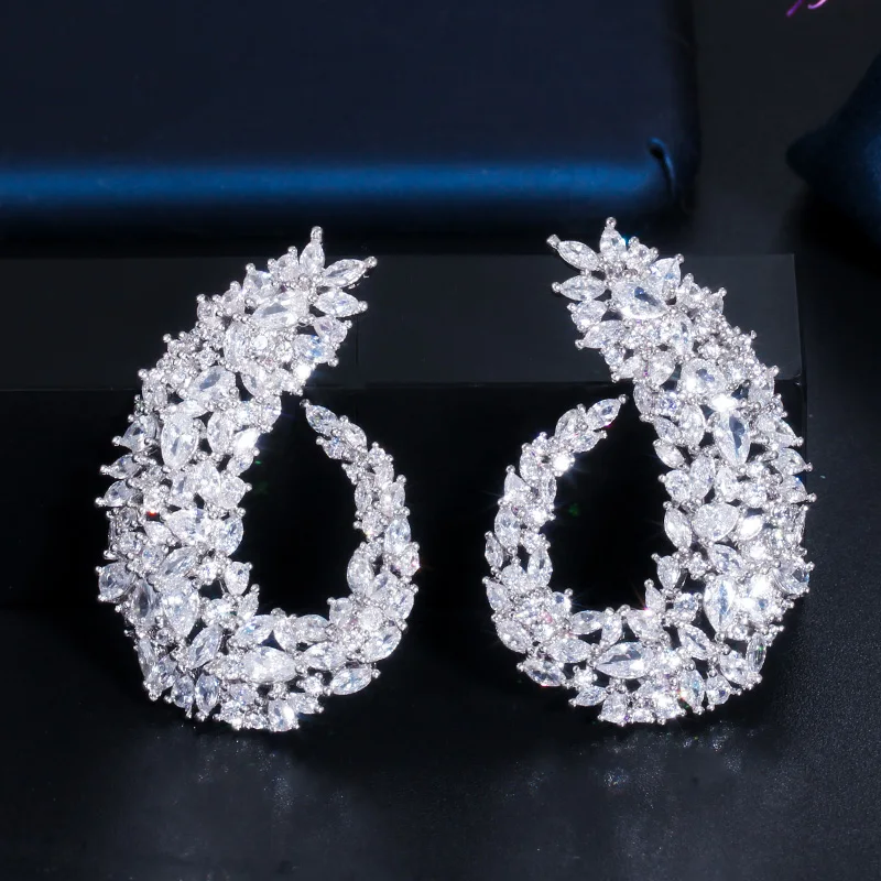 

Sparkling Cubic Zirconia Silver Plated Women Big Flower Drop Earrings for Brides Wedding Jewelry Luxury Accessories