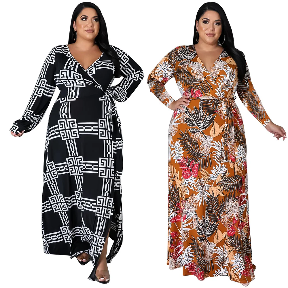 

Trendy African Clothes Fall Winter Plus Size Tops Dress Elegant Designer Print Long Casual Dresses Plus Size Dress For Fat Woman, Blue/orangeplus size dress for woman