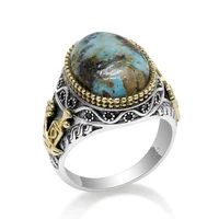 

925 Sterling Silver Blue Natural turquoise Stone Celebration Finger Rings for Men Turkish Jewelry