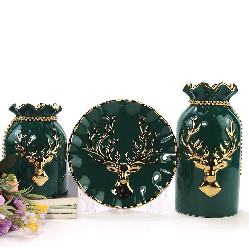 

Hot Selling Creative European Retro style 3-in-one ceramic vase and round plate with deer electroplating for home decoration