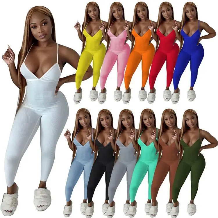 

MISS High Quality Jumpsuit Sexy summer Solid Color Backless Knit Rib Women Trendy Simple One Piece Romper Bodycon Jumpsuits