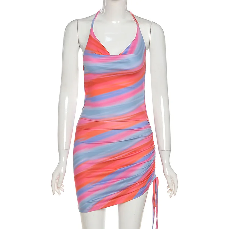 

2021 Fashion Beach Sexy Drawstring Backless Print Cami Dress Elegant Sundress Summer Sexy Casual Dress Halter Evening Gown Dress, Red/khaki/color