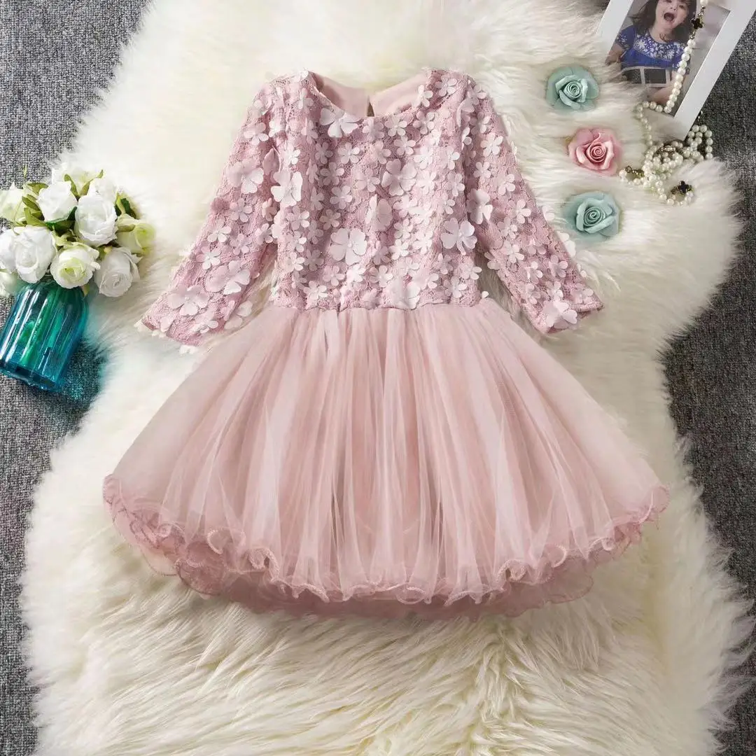 

High quality lace appliques baby girls long sleeve pink tulle dresses, Customized color