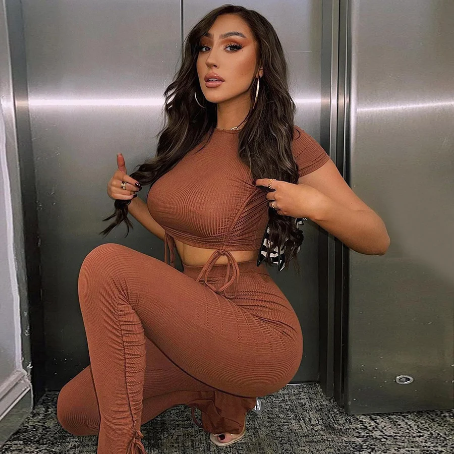 

Casual Solid Color Stripped Short Sleeve Crop Top Summer New Women Two Piece Jogger Workout Brown 2 Piece Set, Picture shows