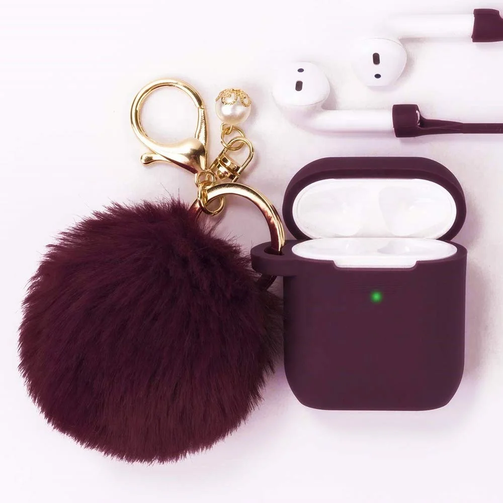 Best Sale Burgundy Cute Fur Ball Keychain Silicone Case Cover for Apple Airpod 2/1