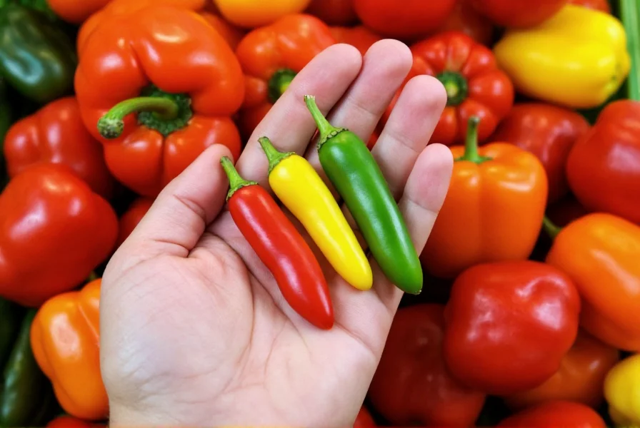 Chef's hand holding bird's eye peppers next to common substitute peppers for visual comparison