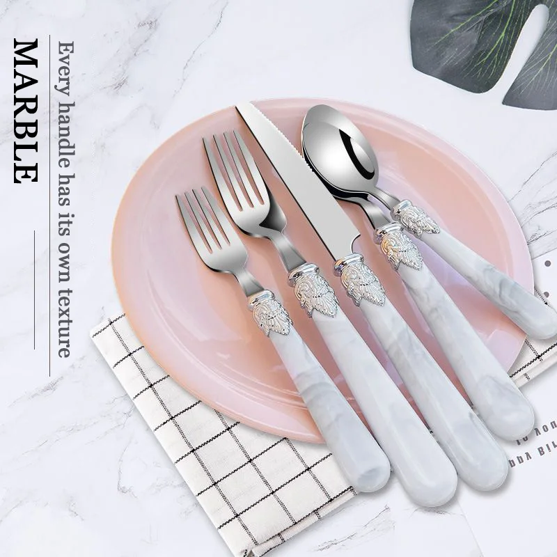 

5 pieces cutlery sets with marble handle wholesale silver luxury hammered nordic wedding dining flatware set 304 stainless steel