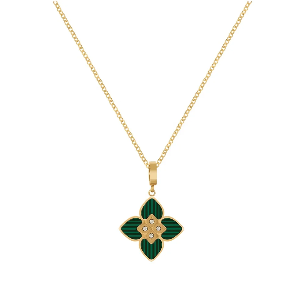 

Latest 18K Gold Plated Stainless Steel Jewelry Green Stone Four Leaf Clover Zircon Pendant For Women Gift Necklaces P233366