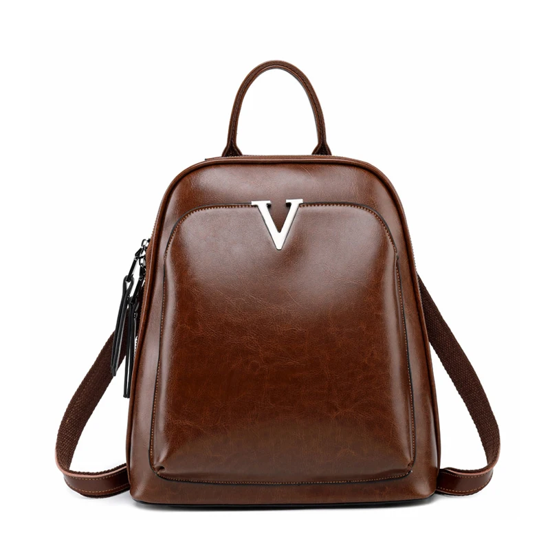 

2021 Customized Fashional Genuine Leather Backpack V Letter Vintage Leather Backpack, Black, green, brown, coffee