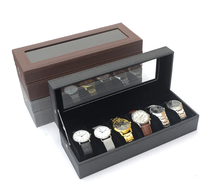 

PU Leather Watch Display Case Box Organizer with Crystal Glass Top 6 slots