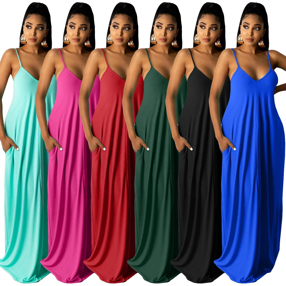 

MT27-8267 Summer Dresses Ladies Women 2021 Leisure Solid V Neck Sleeveless Maxi Dress With Pocket