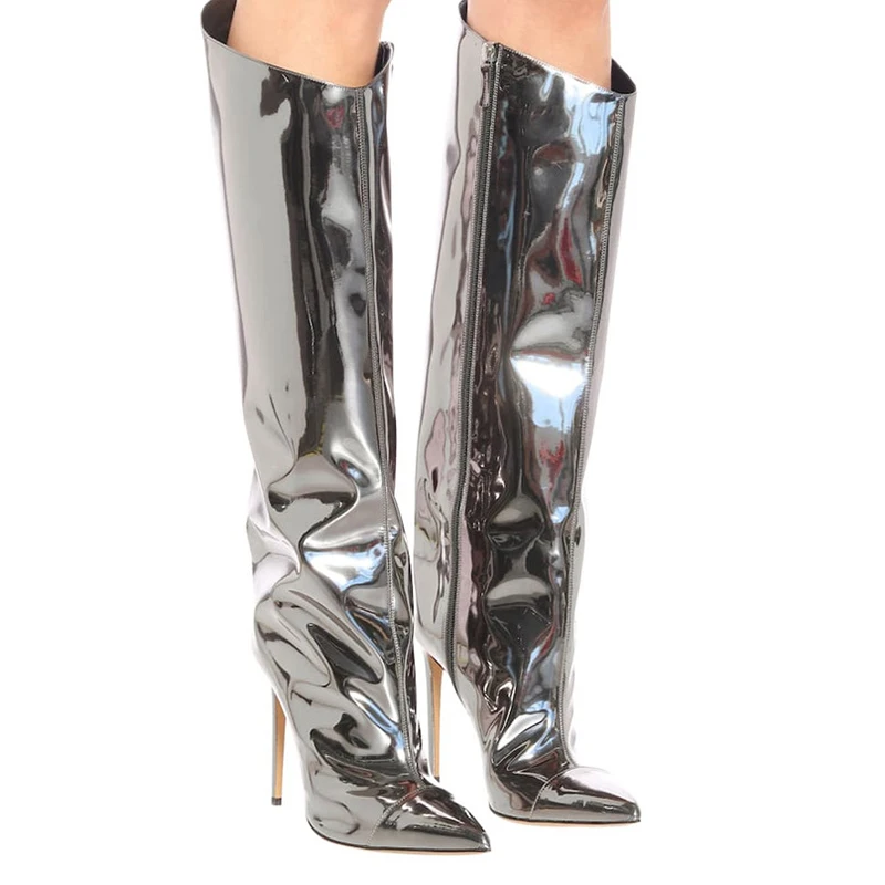 

WETKISS Plus Size 17 Fashion Glossy Ladies Winter Wide Calf Boots Party Stiletto Heel Boots Sexy Women Knee High Boots Wholesale, Silver, rose gold
