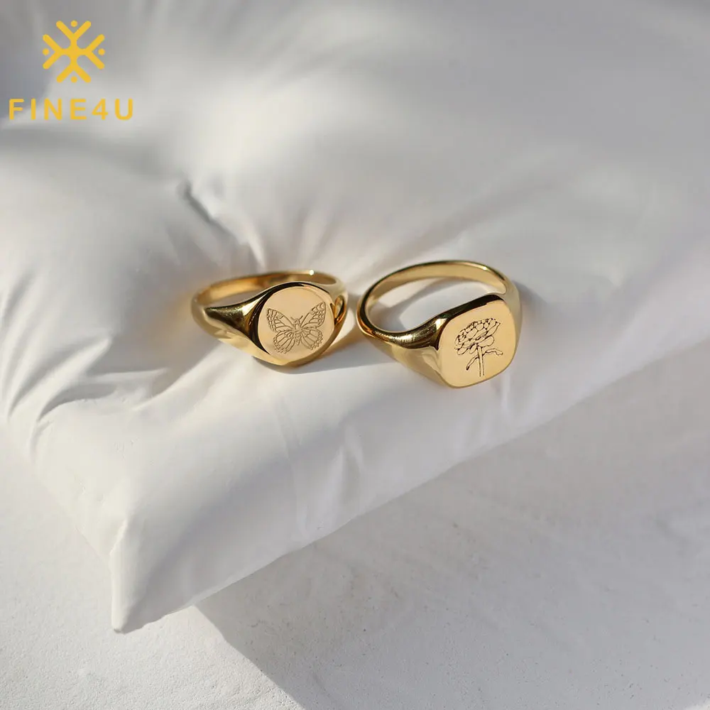 

Not Fading Fashion Vintage Peony Flower 18k Signet Engraving Butterfly Gold Plated Stainless Steel Rings