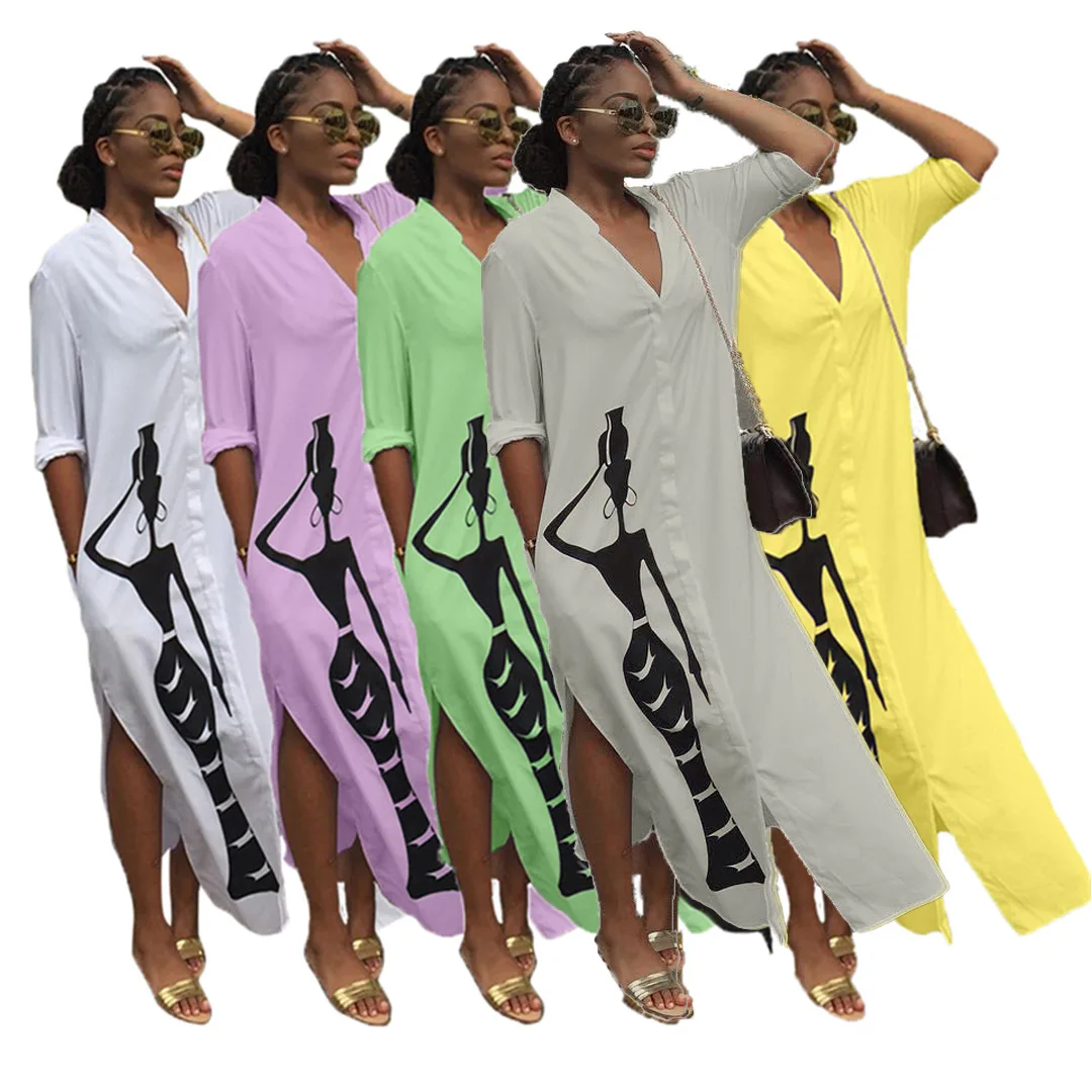 

2021 Plus Size Fashion Ladies Casual Long Sleeve Print V Neck Slit Shirt Dress Maxi Dress Women Dresses, Picture