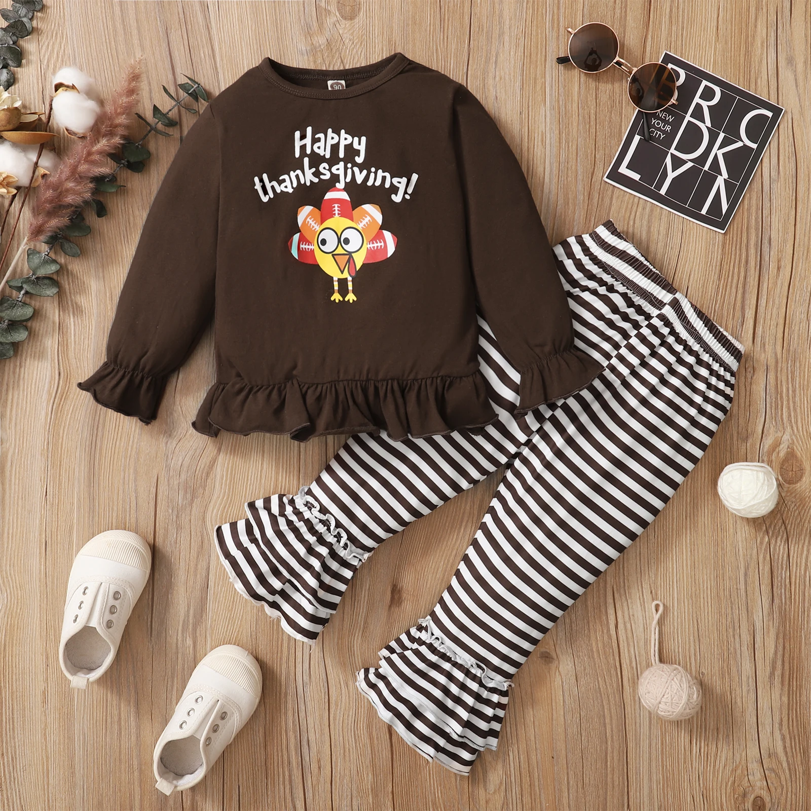 

Thanksgiving Day Casual turkey printed ruffle tops+stripe trousers 2PCs girls clothing set