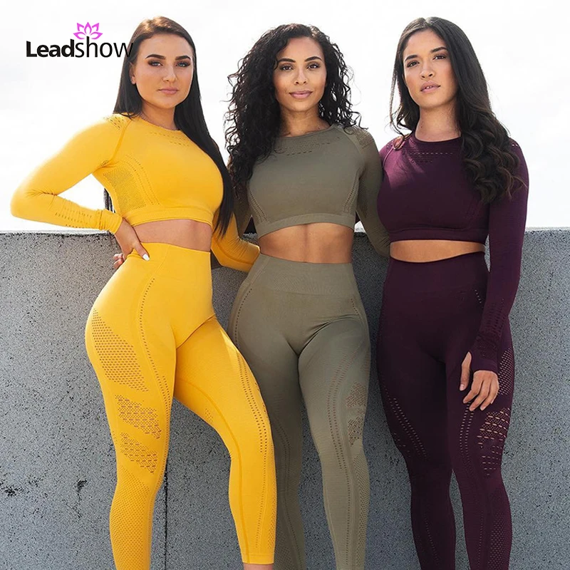 

2021 New Long Sleeve Running Shirts Full Length Gym Fitness Tights womens seamless Crop Top Gym yoga set, Blue , safforon, pink , black,deep purple , yellow , olive