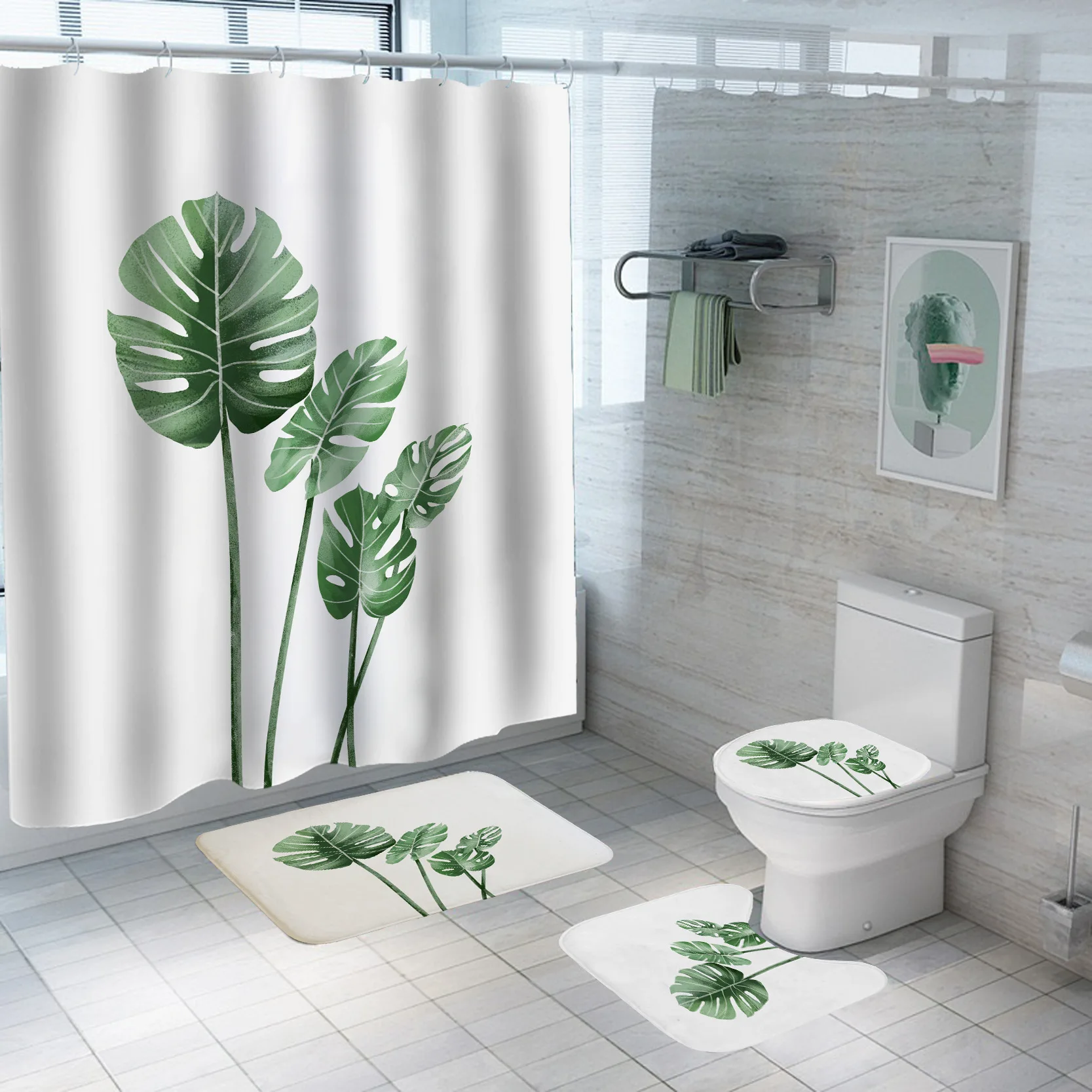 

i@home 180X180 cm 3D leaf custom print waterproof bathroom sets with rugs shower curtain set 4 pcs, Picture
