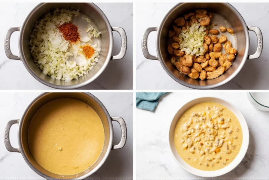 Step-by-step white chicken chili cooking process showing sauteed onions, added spices, simmering pot, and final creamy chili in bowl