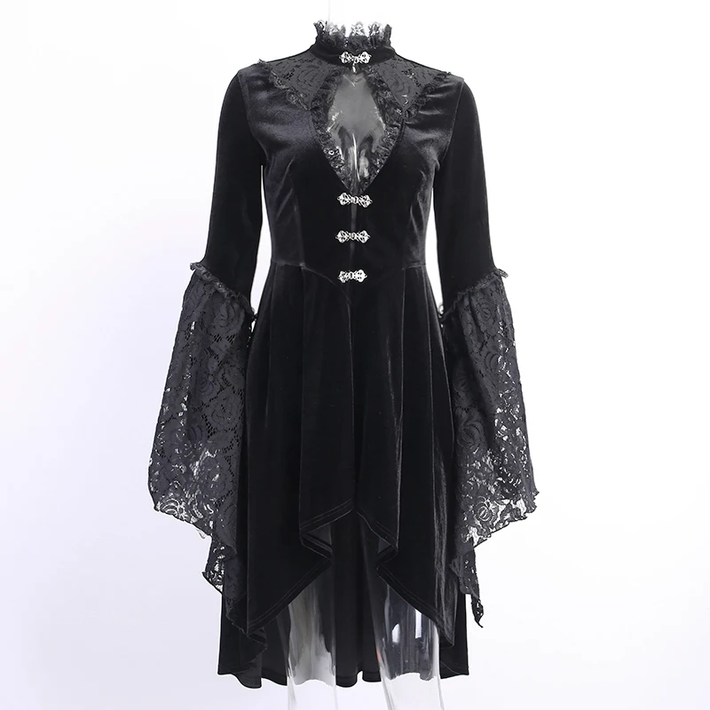 

Autumn Vintage Black Velvet Gothic Dress Lace Patchwork Mini Female Party Gasual Dresses Elegant Hollow Out Sexy Casual Dresses, Shown