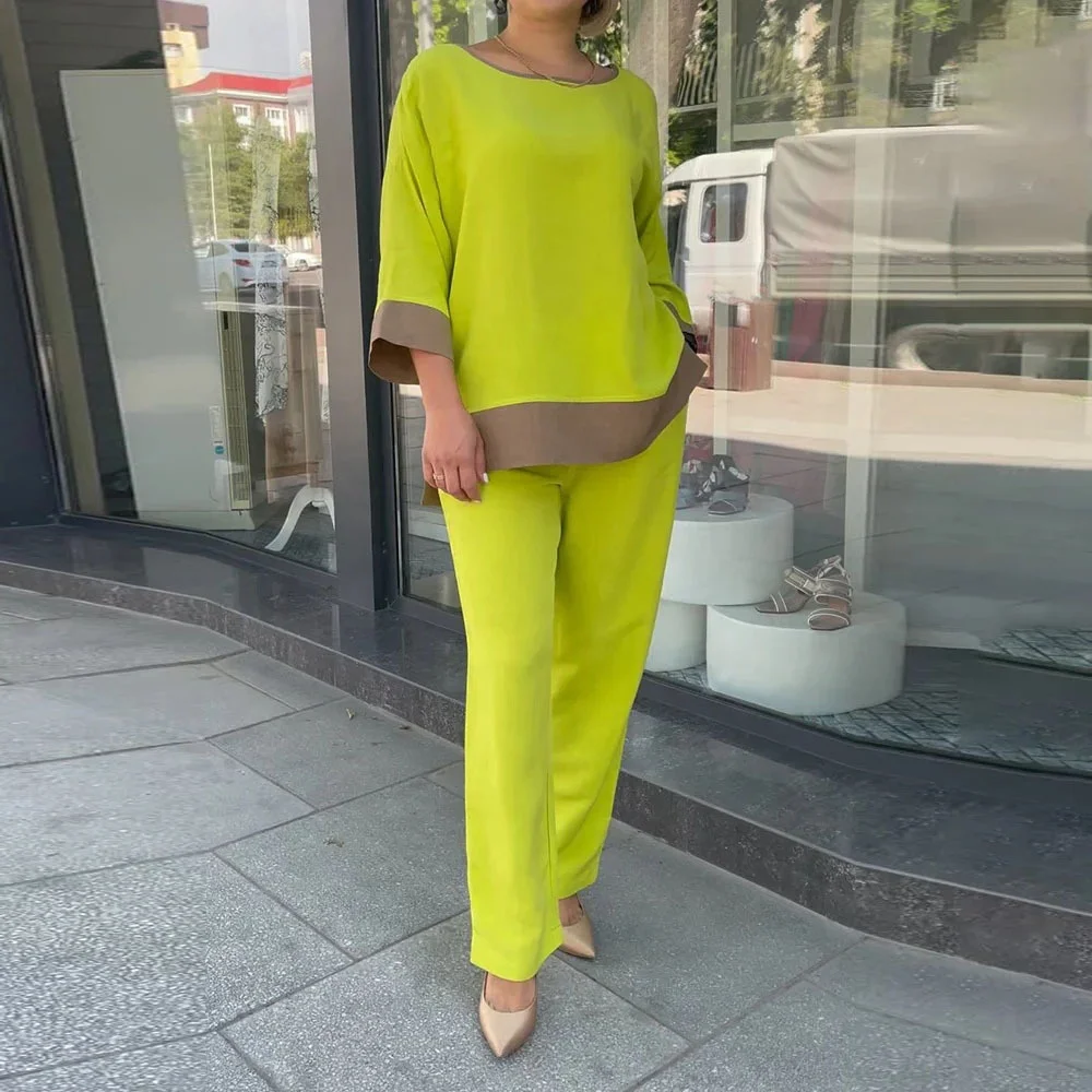 

Green Color O Neck Long Sleeve Wide Cuff Women's Fall Two Piece Pants Set