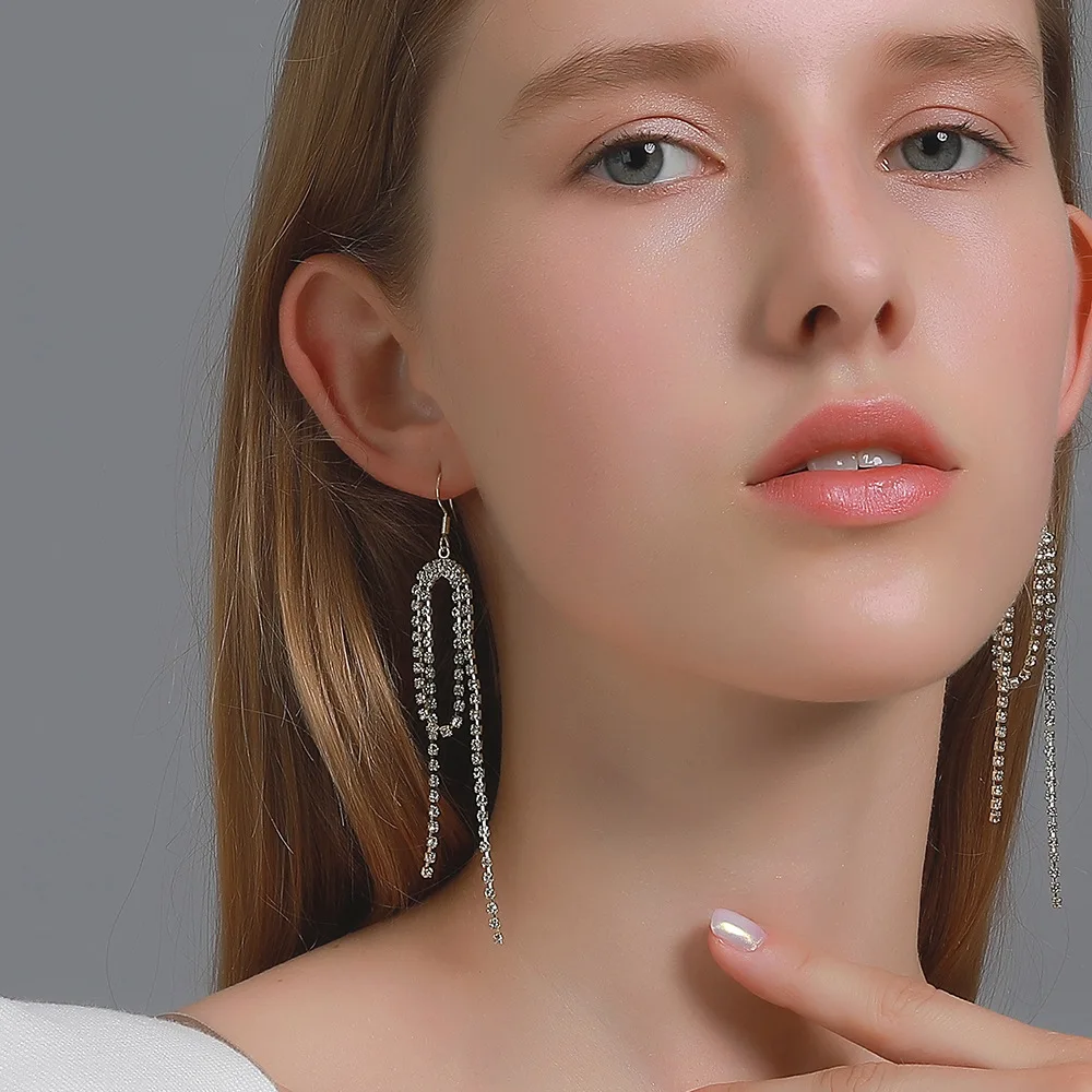 

ER-260 customized fashion women Jewelry statement copper female simple Long tassel diamond chain earrings, Gold