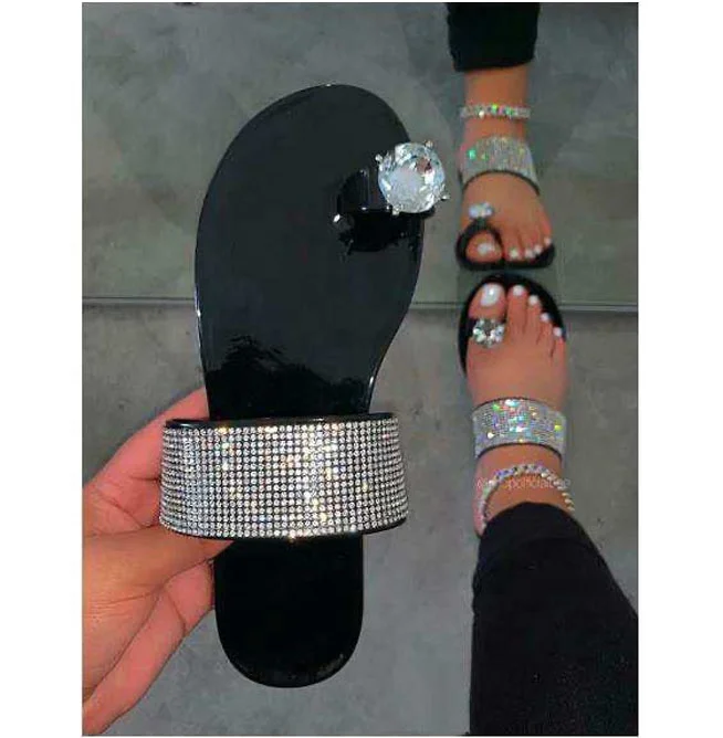 

Summer Woman Fashion Flip Flop Crystal Stone Clear Rhinestones Flat Slippers Diamond Slides Sandals