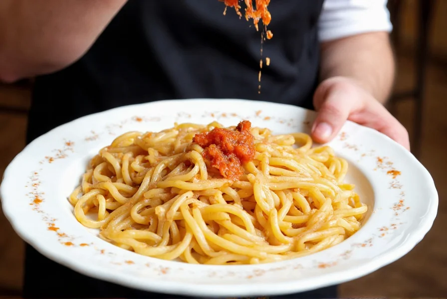 Chef preparing traditional Italian pasta dish with Calabrian chili paste drizzled over finished plate
