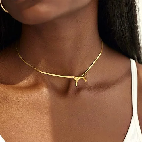 

2024 new style bow Tarnish free gold plated stainless steel snake Bowknot Ribbon Choker necklace