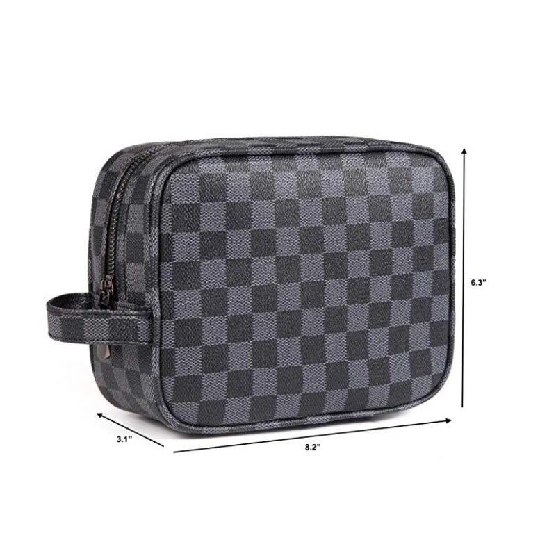 

Luxury Checkered Make Up Bag PU Vegan Leather Cosmetic Toiletry Travel Bag Large Capacity Cosmetic Bag, Black / brown / cream or customized color is available