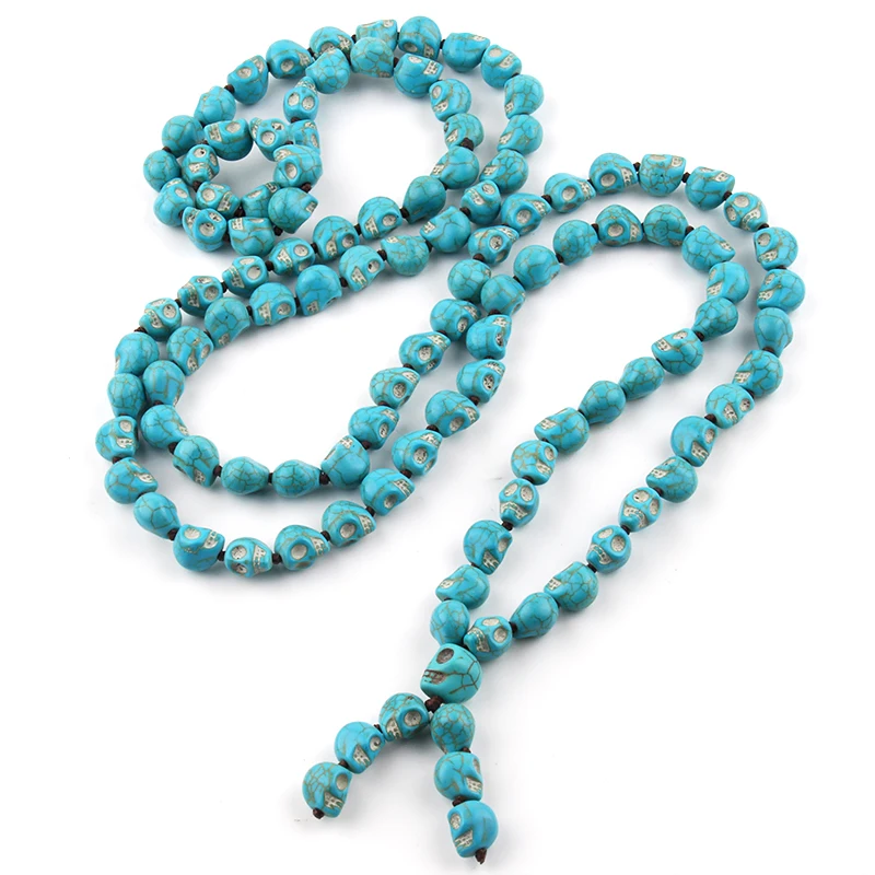 

Fashion Yoga Jewelry Long Knotted Tibetan Buddhism Necklace 108pc Mala Turquoise bone Skull Heads Prayer Bead Mala Necklace