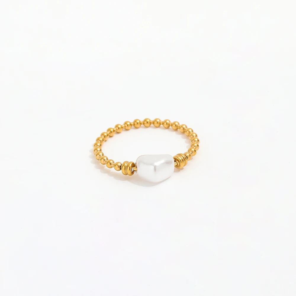 High End 18K Gold Plated Single Heart Imitation Pearl Beads Rings Stainless Steel Jewelry Trendy Finger Ring