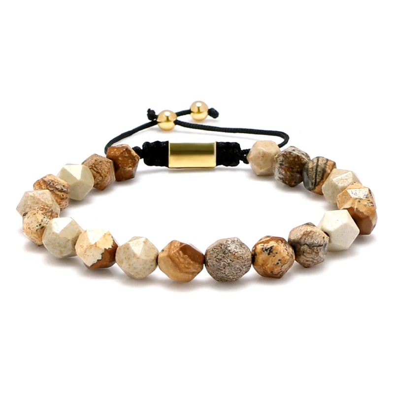 

High Quality Wholesale Nature 8mm Faceted Picture Jasper Stone Beads  Macrame Bracelets Men Jewelry