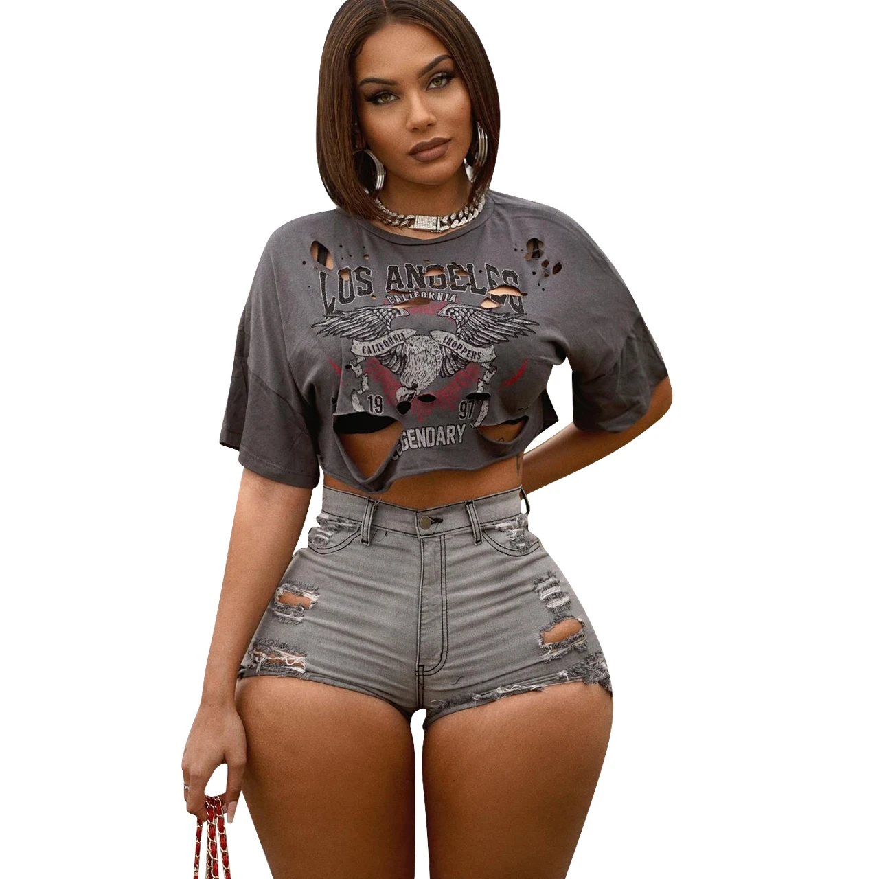 

Ladies distressed grey booty shorts denim high waisted summer pants ripped jeans women shorts