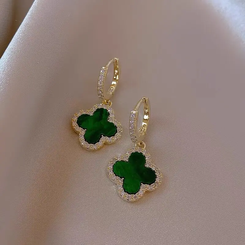 

New design four leaf clover brass earrings classic luxury 14K real gold plating shinny woman ladies zircon ear pendants