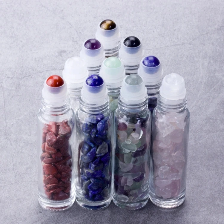 

hot sell 10ml Roll On Bottle With Gemstone Roller ball Crystal Chips Inside Glass Roller Bottles Essential Oil Sample Bottles