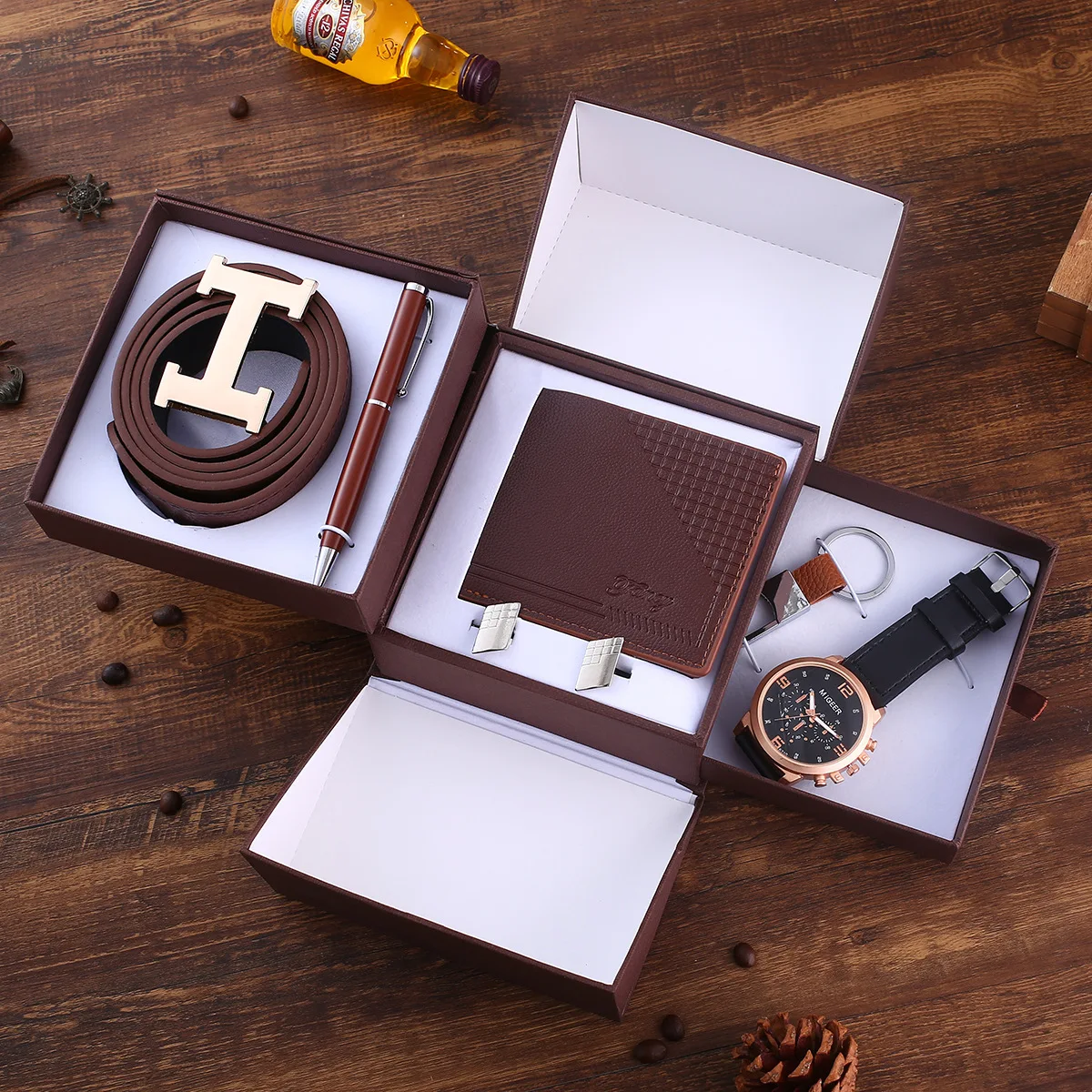 

Luxury Top brand Men's Watch Set High Quality Leather Belt Sunglasses Perfume Jewelry Watch Gift Set for Boyfriend Husband Dad