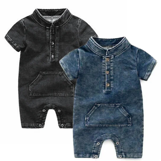 

KS1129 Button up collar plain blank baby jean romper boy, As picture